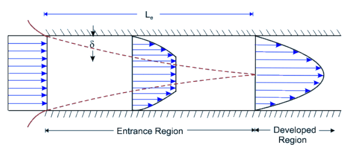 Course schematic of pipe boundary layer development and hydrodynamic entrance length