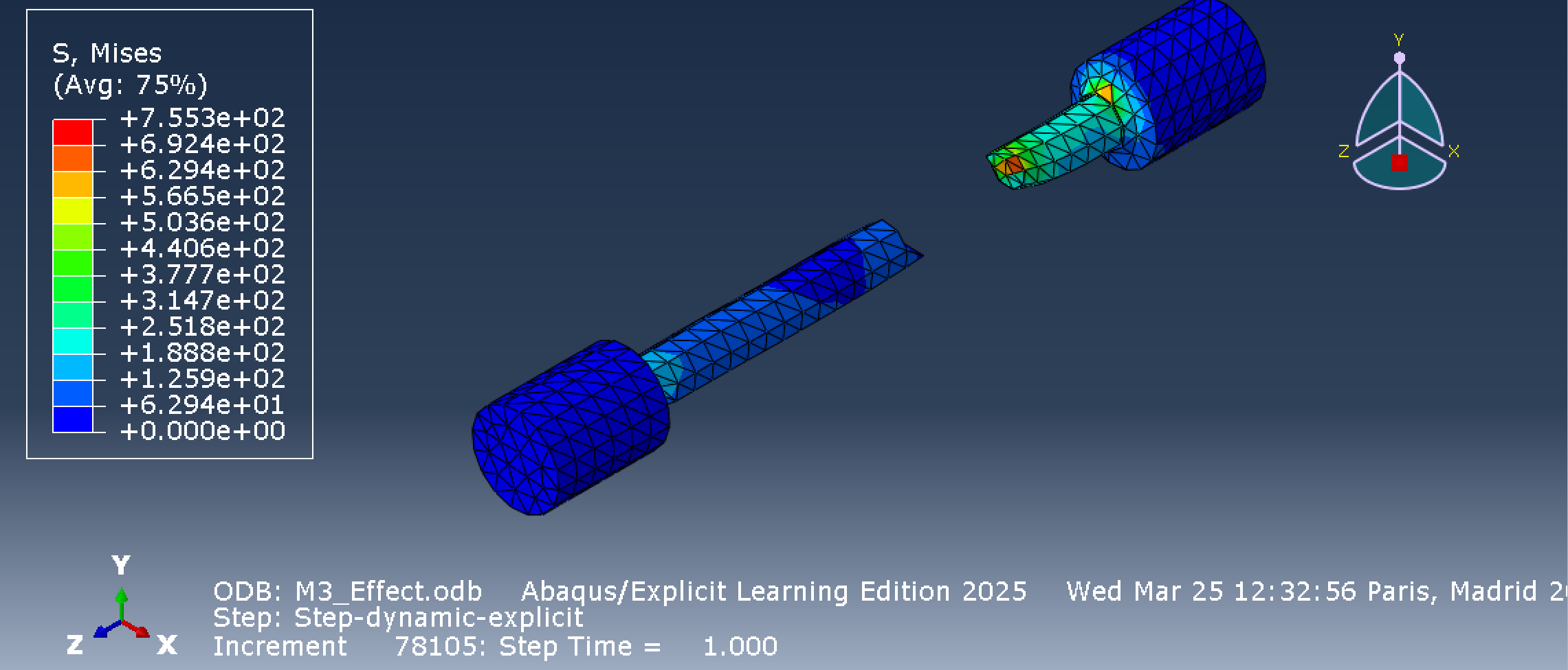 Abaqus M3 finer tetrahedral mesh deformation and Von Mises stress contour at final frame